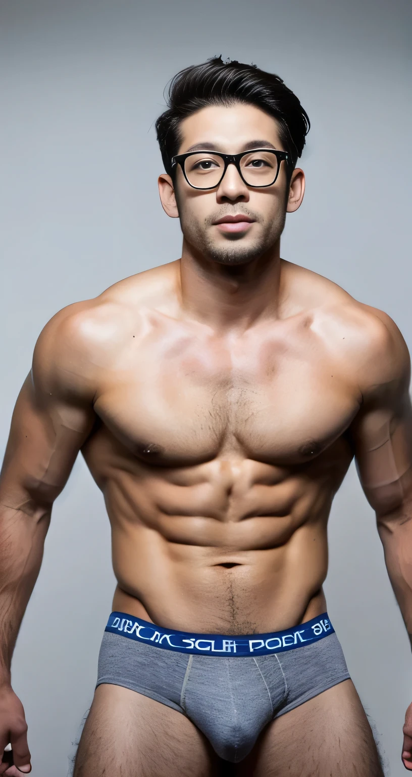  natural male、30 years old、american male、very handsome、abs、Pectoral muscle、ck black underwear、PUMP blue briefs、body hair、full-length picture,wearing glasses