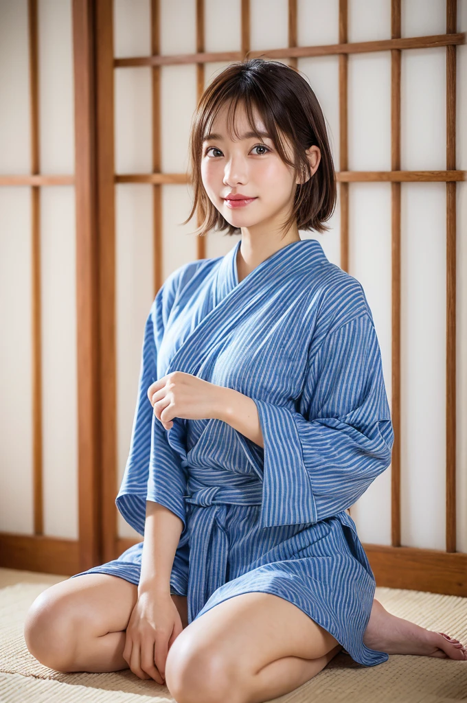 (natta:1.7), East Asian Architecture, 1womanl,Sitting on tatami mats, brunette color hair，（hair between eye）, Lip flap, ,Beautiful fingers,Beautiful long legs,Beauty Body，Cute nose，Beautiful character design，perfect  eyes，face perfect，looking at viewert，（Innocent_Big_eyes：1.0），（light_Smile：0.3），offcial art，Very detailed CG Unity 8k wallpaper，Perfect litthing，highly colorful，Bright_front_Face_Lighting，（tmasterpiece:1.0),(Best_quality:1.0), 超A high resolution,4K,ultra - detailed, photography of, 8k, nffsw, hight resolution, absurderes:1.2, Kodak portra 400, film grains, the background is blurred, bokeh:1.2, Lens Flare Glow, ( Vibrant_Farbe:1.2) (Beautiful,Large_breasts:1.4), (Beautiful_Face:1.5),((full body)),8k,Raw photo, 、Relax at a ryokan in Japan、The background is the open-air bath at night at a hot spring inn (Girls are not subjects:1.3) (Hair after a bath:1.3),(Hair is wet:1.3) ((Girls are not subjects:1.2))((Draw a wide night background:1.2),((Yukata with light blue stripes isolated on white background:1.3)),(Yukata does not need gloss at all:1.5)),((No need for a Korean yukata or Korean-style hairstyle.:1.5)),((Faithfully and realistically reproduce a pure Japan yukata:1.5))((Light Pink Band:1.3)),((The background is the entrance living room、At night, Overlooking the inn's large and beautiful gardens..:1.3)),((8th class))、((Light Pink Band:1.5)) ((Beautiful shiny straight short long:1.5)) sixteen years old、((Beautiful shiny straight short long:1.5))((Pink band:1.3))、(private),(Photos taken by lovers)、(Sophia Lillis)、((Disheveled clothing))、((Removed clothes))、Scattered yukata、(Secret photos)、((Beautiful barefoot))、((Beautiful thighs))、((Relaxed and bold posture))