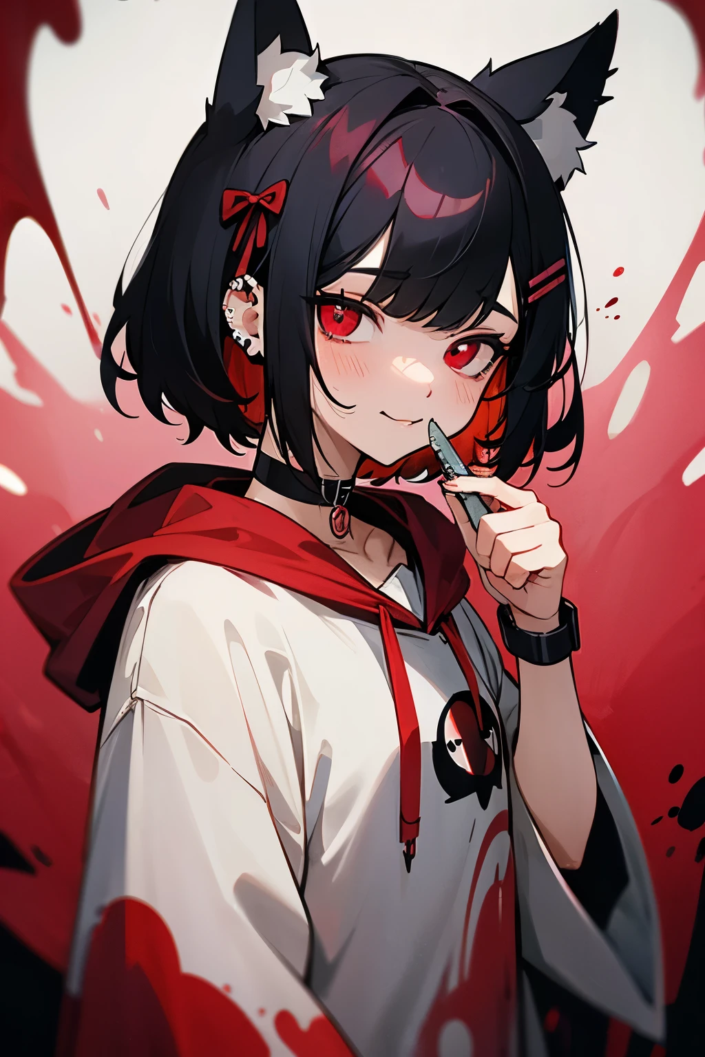 Very cute and evil, insane, covered in red liquid, red liquid splatter, boyish 19 year old girl with wolf ears. A Japanese alt-girl. Menhera. Cute, soft, young face. Soft dark circles, dark red eyes. Black with bright-rose underlayer hair. Messy wolf-cut hair. Side-swept bangs hair. Maroon hoodie with J-punk alt aesthetics, strawberry hair pins, small hair ribbons on both side of hair, hair is a bit disheveled. Ear piercings and collar choker. Yandere, covered in red liquid, evil smile, insane eyes, eyes with hearts, holding knife.