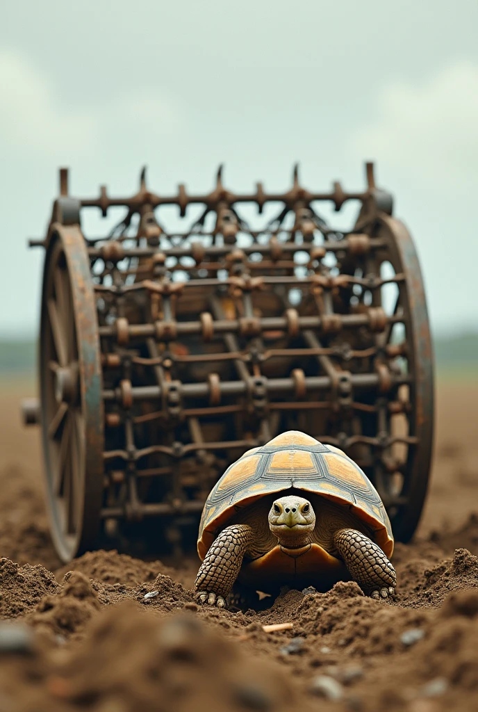 Imagine a robust and determined tortoise, with an expression of effort, dragging a tractor plow harrow. The grid can be large, with multiple blades and couplings, adjusted to look like it is being pulled with difficulty by the tortoise. The setting can be a field or a crop area, highlighting the contradiction between the small size of the tortoise and the large equipment.