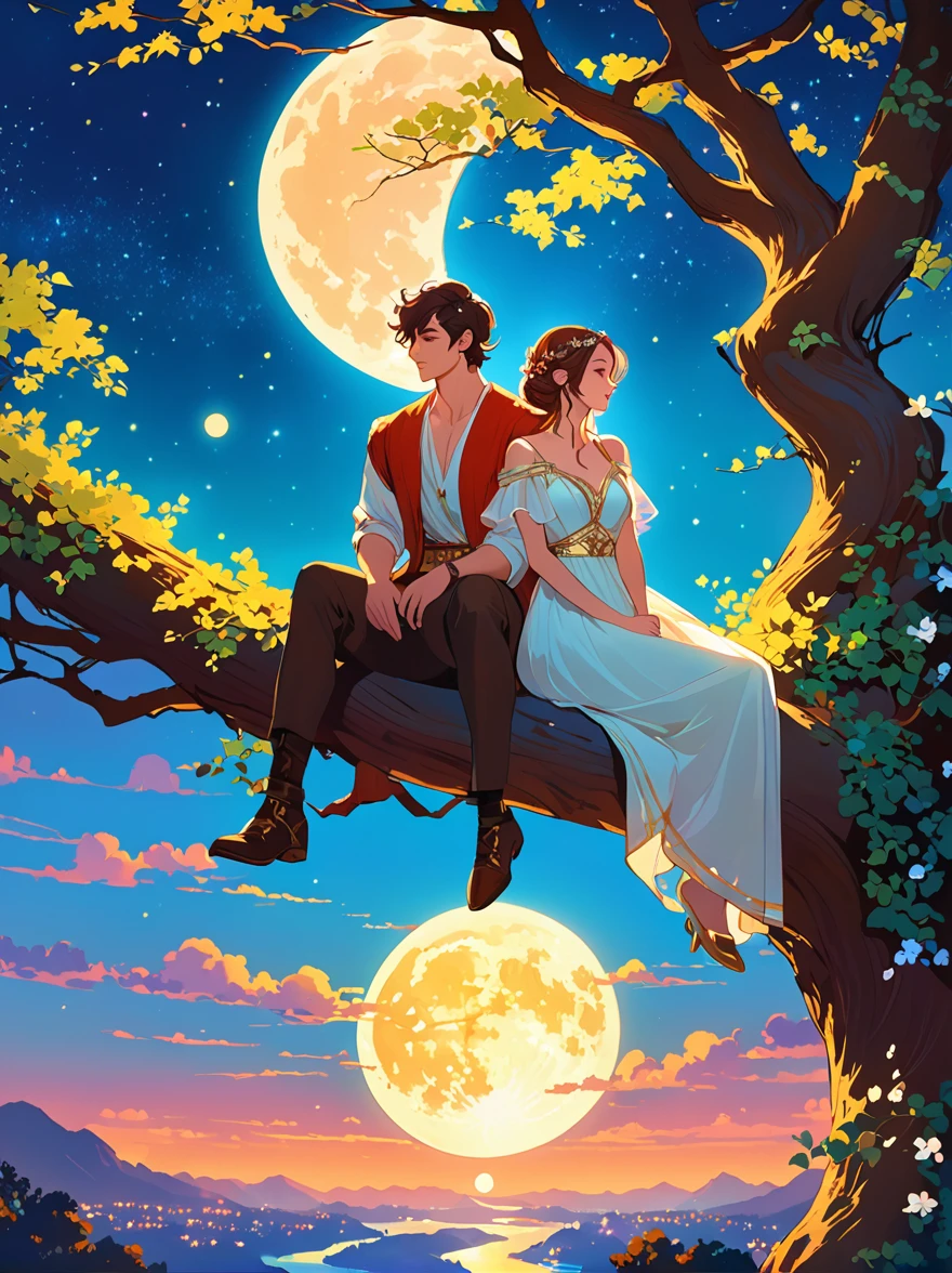 Romantic ancient style，night，Backlight，A man and a woman sitting on a tree branch，There is a big full moon behind，Alexander，Averin，Fresh colors，Soft colors，Diode light，Concept art style，Extremely complex details，Clear distinction between light and dark，Layering，Ultra HD