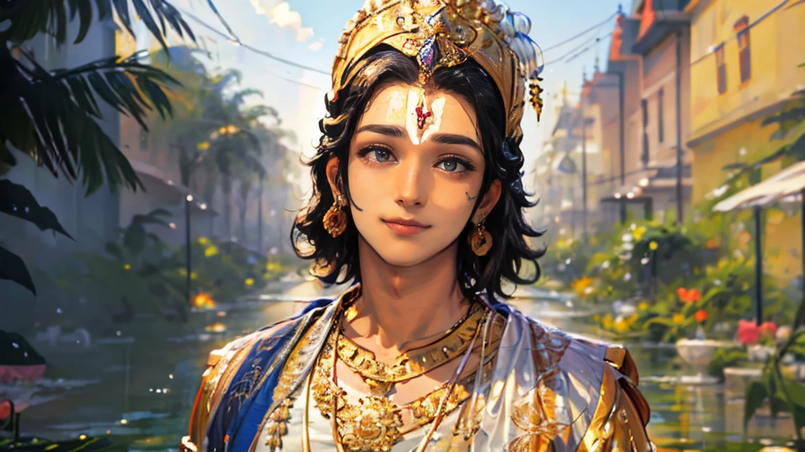 ((best quality)), ((masterpiece)), (detailed), perfect face of lord Krishna smiling digital portrait art 