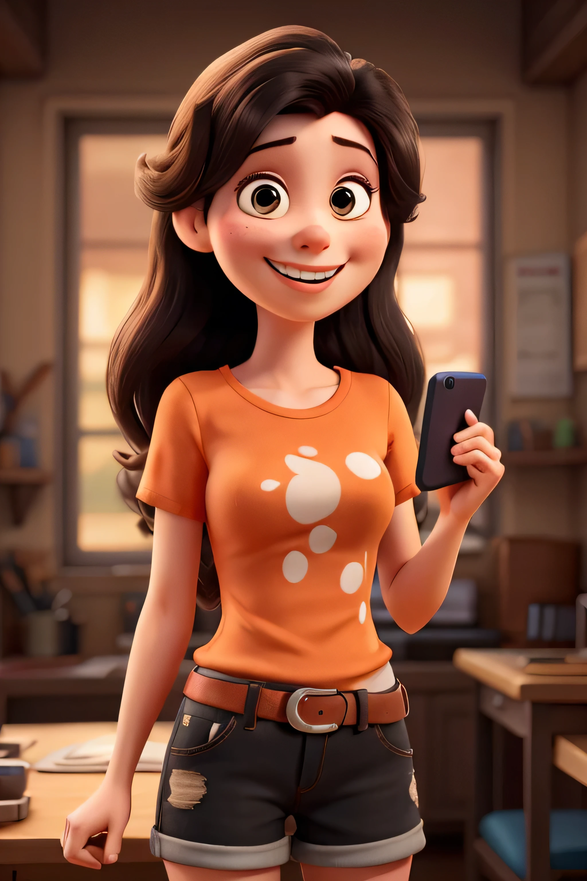 happy smiling woman, holding only a cell phone,with an orange short sleeve shirt,with long black hair ,artwork Pixar disney, 3d