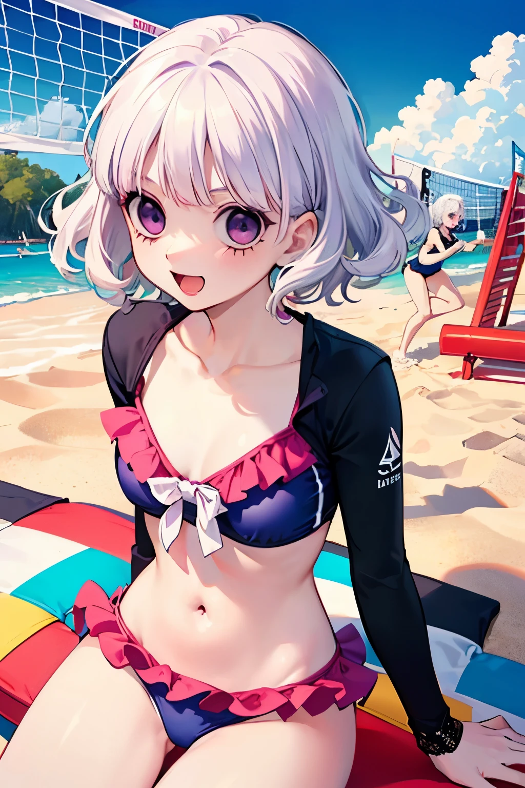 beautiful cute Lady,((white hair:1.2)),(short perm hair:1.1),(pinkpurple eyes:1.2),(frill Bikini swimsuit:1.2),((denim rash guard:1.0)),((lace:1.2)),((ecstatic face:1.1)), (Playing beach volleyball:1.15),(leisure seat:1.1),(park play equipment:1.1),open your mouth,smile,(close-up Face:1.1).