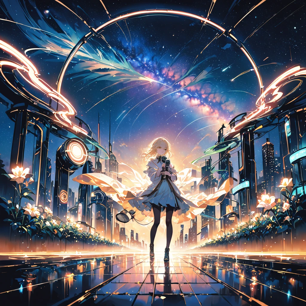 (Highest quality、masterpiece)、One Girl、Full Body Shot、stop temporarily、particle、Wind、flower、blonde、milky way、5mTake the lead、A bright and hopeful futuristic cityscape glowing with neon and brass tones. In the foreground, lit by a mix of neon lights and warm sunlight, is a powerful, realistic-looking woman holding a vintage microphone. Surrounding her is a symbol of unity and strength, like rising steam. In the background, greenery thrives among the futuristic structures, conveying hope and optimism for the future.