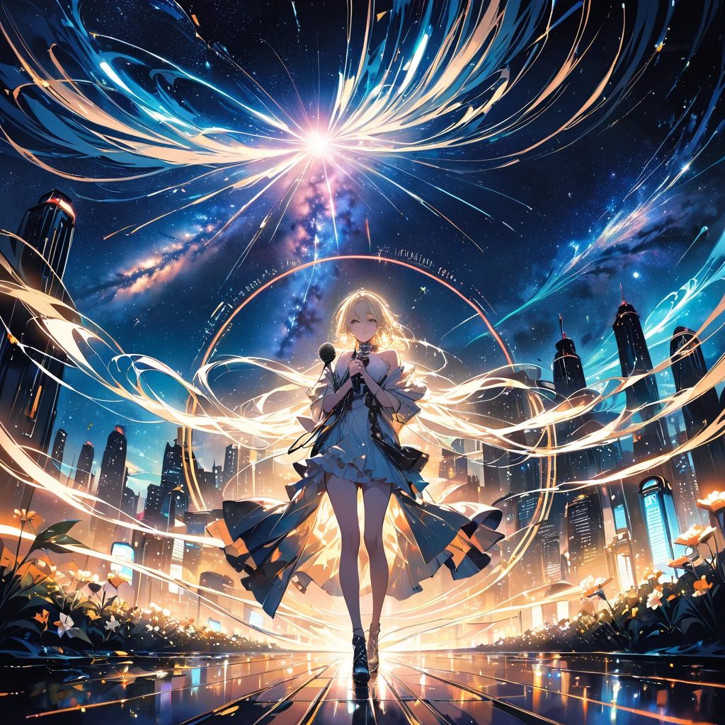 (Highest quality、masterpiece)、One Girl、Full Body Shot、stop temporarily、particle、Wind、flower、blonde、milky way、5ｍTake the lead、A bright and hopeful futuristic cityscape glowing with neon and brass tones. In the foreground, lit by a mix of neon lights and warm sunlight, is a powerful, realistic-looking woman holding a vintage microphone. Surrounding her is a symbol of unity and strength, like rising steam. In the background, greenery thrives among the futuristic structures, conveying hope and optimism for the future.