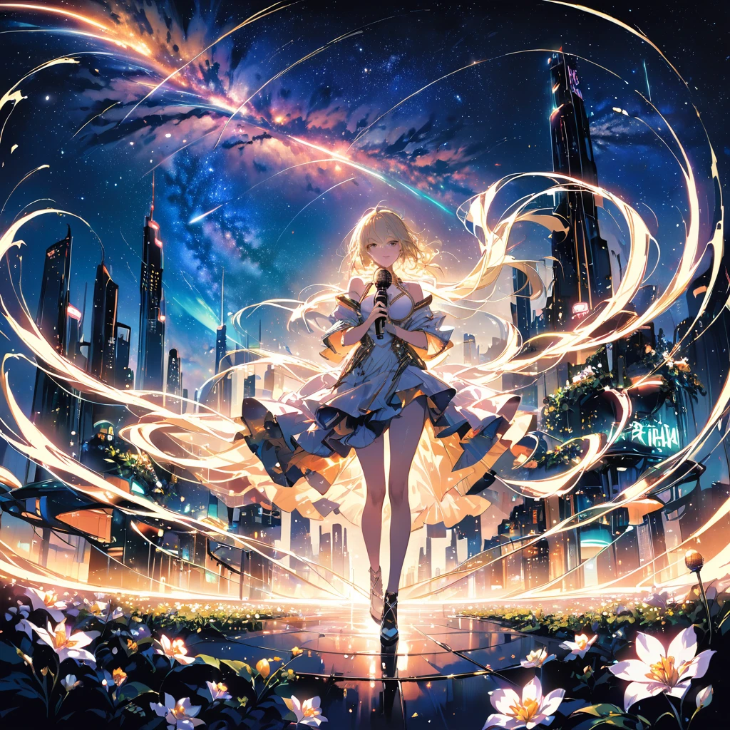 (Highest quality、masterpiece)、One Girl、Full Body Shot、stop temporarily、particle、Wind、flower、blonde、milky way、5mTake the lead、A bright and hopeful futuristic cityscape glowing with neon and brass tones. In the foreground, lit by a mix of neon lights and warm sunlight, is a powerful, realistic-looking woman holding a vintage microphone. Surrounding her is a symbol of unity and strength, like rising steam. In the background, greenery thrives among the futuristic structures, conveying hope and optimism for the future.