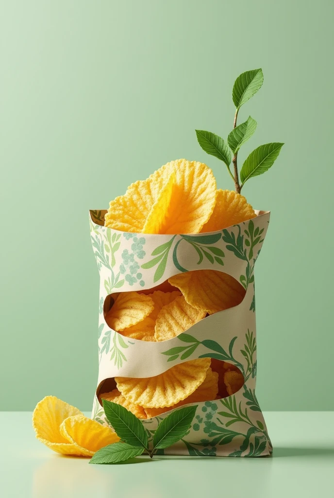 Create innovative and eco-friendly potato chip packaging. Packaging must have a unique and creative shape, that stands out in the market. Think of a design that doesn&#39;t just protect the chips, but also optimize space in transport. Consider shapes that can be stacked or nested efficiently, as a modular system or a foldable packaging. Color and aesthetics must convey a message of sustainability, using natural elements or nature-inspired patterns. Also include details such as the possibility of planting after use., representing a connection with the environment.