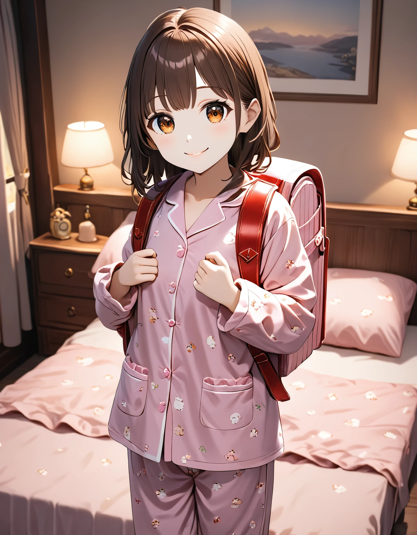 masterpiece, best quality, high resolution, extremely detailed, detailed background, cinematic lighting, 1girl, looking at viewer, 1girl, brown hair, brown eyes, smile, wear pajamas, (pajamas:1.1),pajamas trouser, bedroom, indoor, standing,wearing randoseru backpack, (randoseru backpack:1.2)