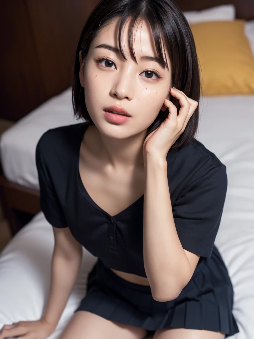 (masterpiece), Very detailed, Ultra-high resolution, Realistic, photo Realistic, High-resolution RAW color photos, Professional photos, Sharp focus, (Very detailed顔と肌の質感, Very beautiful eyes, Glossのある肌, Glowing Skin, Glowing Skin, Shining Face, Gloss, Oily skin, greasy face, Oily skin, greasy face,),, (real Glossのある肌 texture), Perfect Anatomy, Very detailed背景,((Hotel Bed)),(1 female,25-year-old woman, Japanese women),(lean slender body),(short hair, Straight hair, bangs, Brown Hair),(Flat Chest:1.6), (((Short Sleeve White Sailor School Uni形状, Pleated skirt、ネイビーブルーのPleated skirt:1.5、Sexy T-panties under skirt)))、(((Undressing、Open clothes)))、((Sleep on your back))、(((Cum on face:1.6))),(From above:1.4)