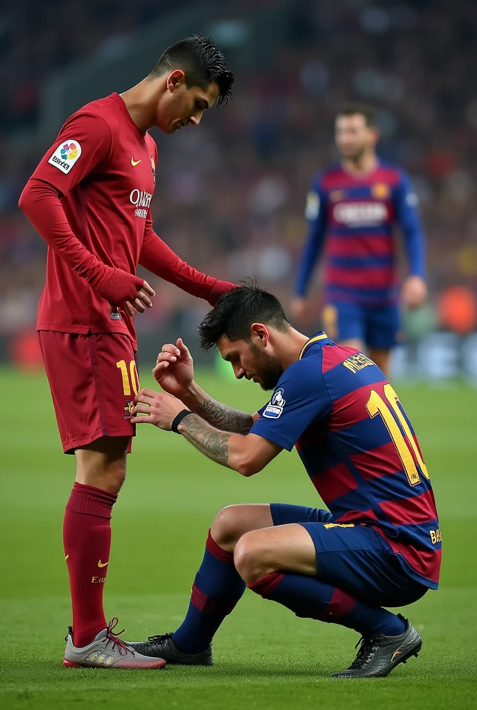 Messi massaging Cristiano Ronaldo's feet