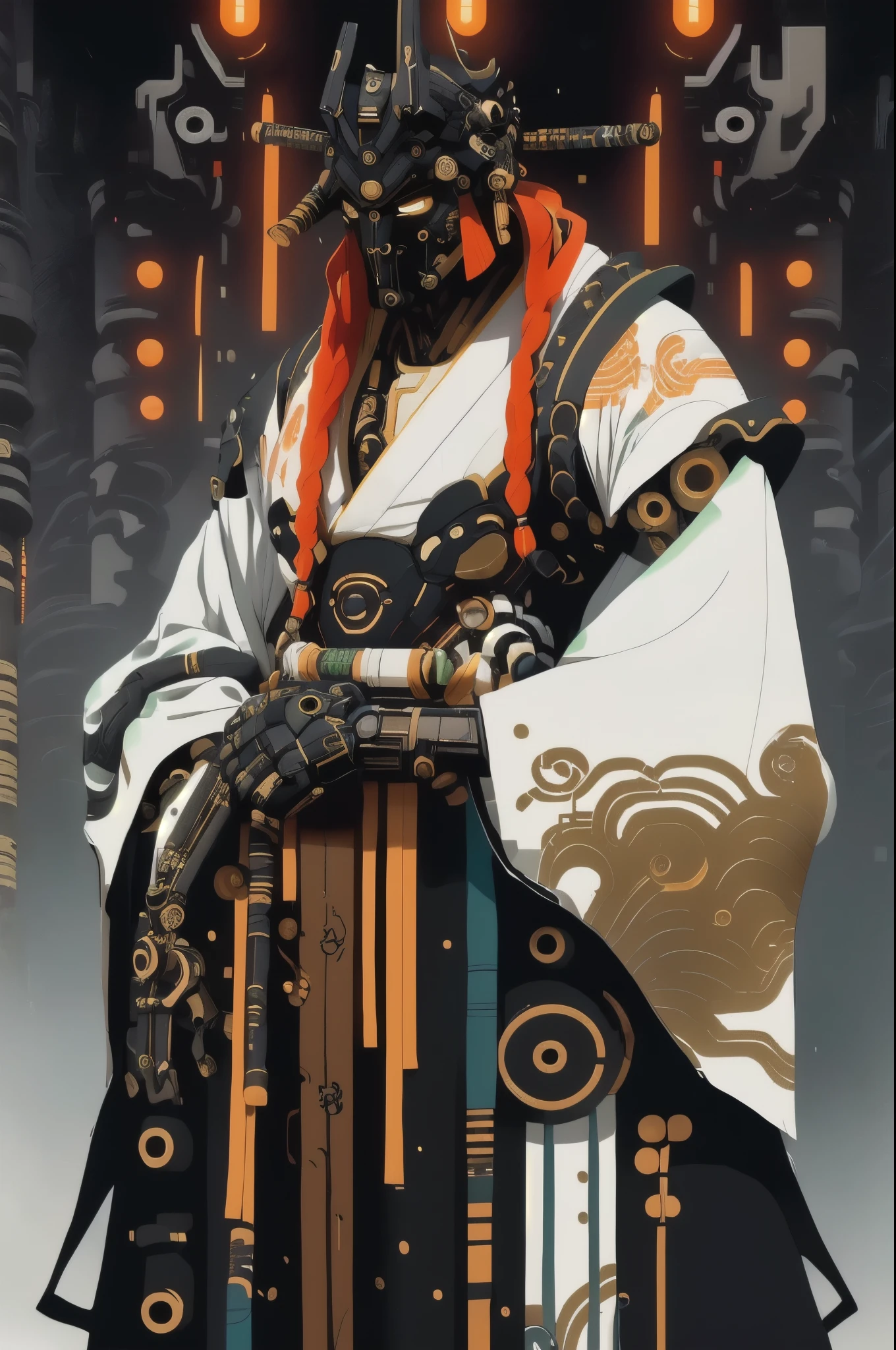 masculine male samurai, strong stature, mechanical body, futuristic kimono, cyberpunk aesthetic, long masculine braided hair, high fantasy environment, feudal Japan, high-tech Zen Garden, futuristic samurai armor, high quality, drawn anime style