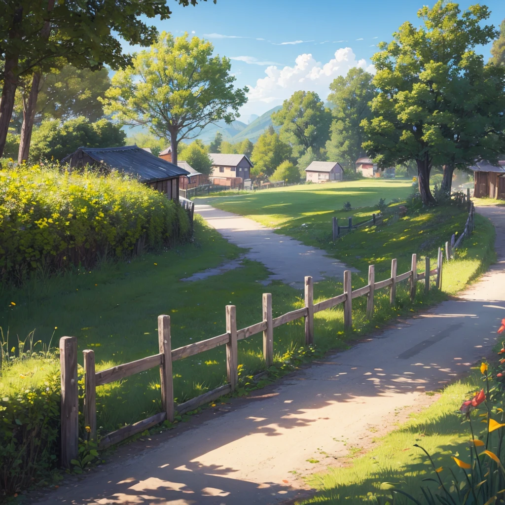 road, village, old fence, sunny