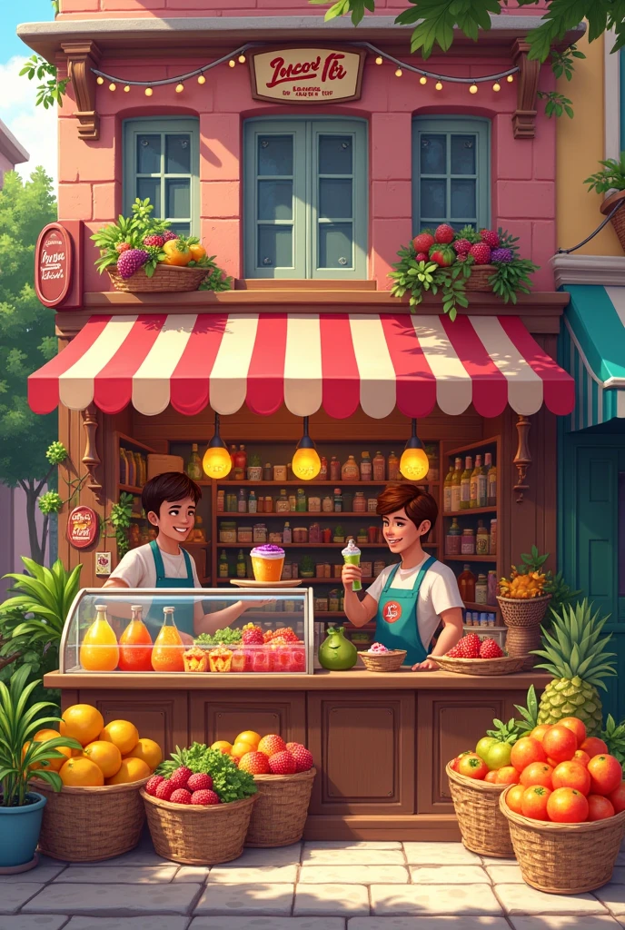 Ice cream and juice and colorful fruit shop for premises
