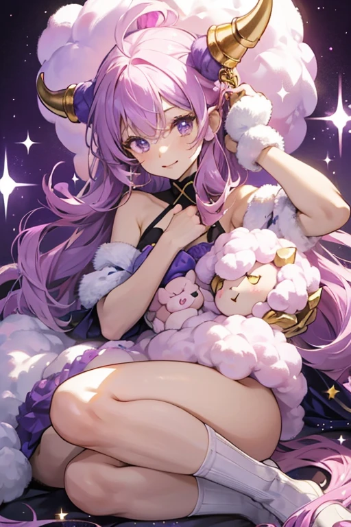 Puff is a pink girl sheep with a lavender head and hooves, pinkish purple wool, darker purple ears, and yellow horns. SPARKLE; GLITTER