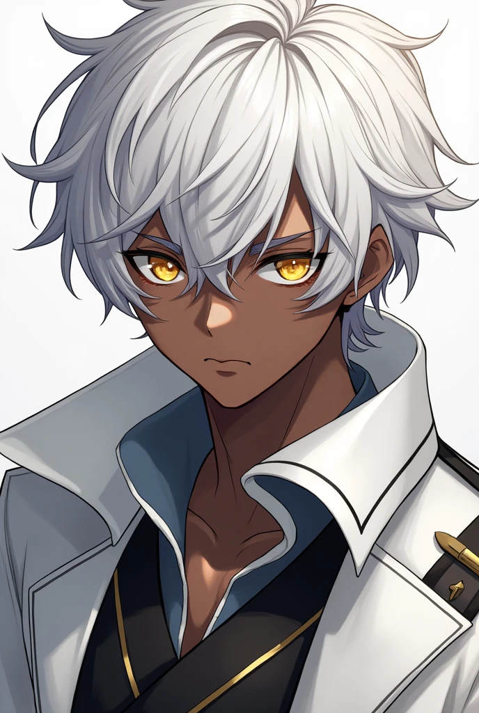 A black male character with white hair and golden pupils wearing white clothes with black details
