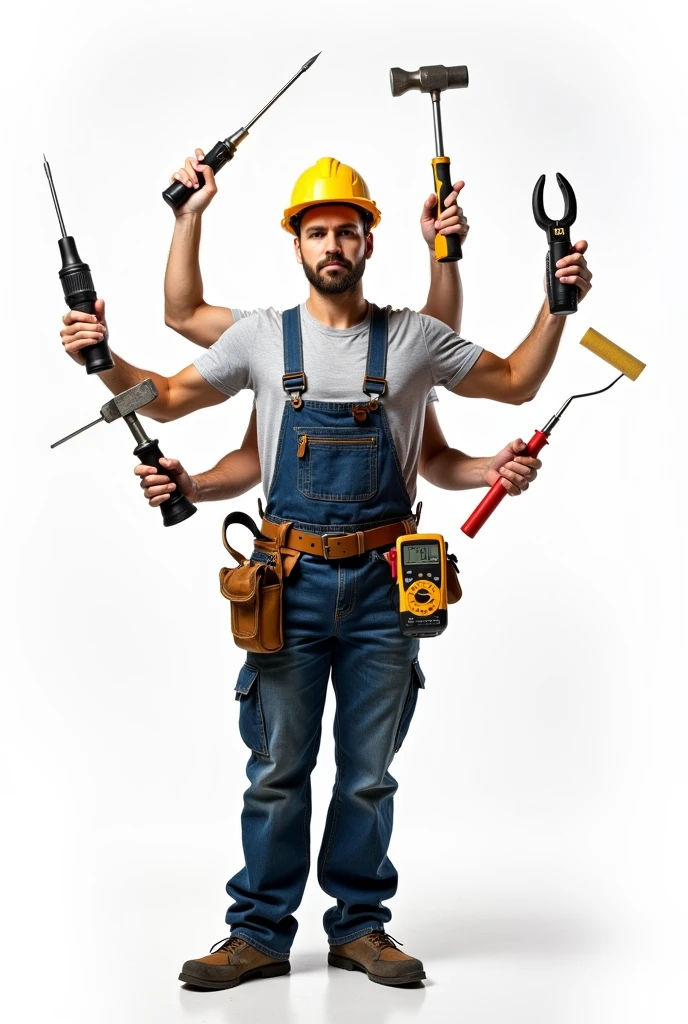 Image of an electrical technician up to the waist, com o fundo branco, several arms coming out from behind and each one with a different small tool, instance, uma chave Philips, a screwdriver, alicate universal, hammer to remove nails, multimeter, Dewalt cordless screwdriver and paint roller, with plenty of white space next to the image, aligned image, uniform written DLM residential maintenance.