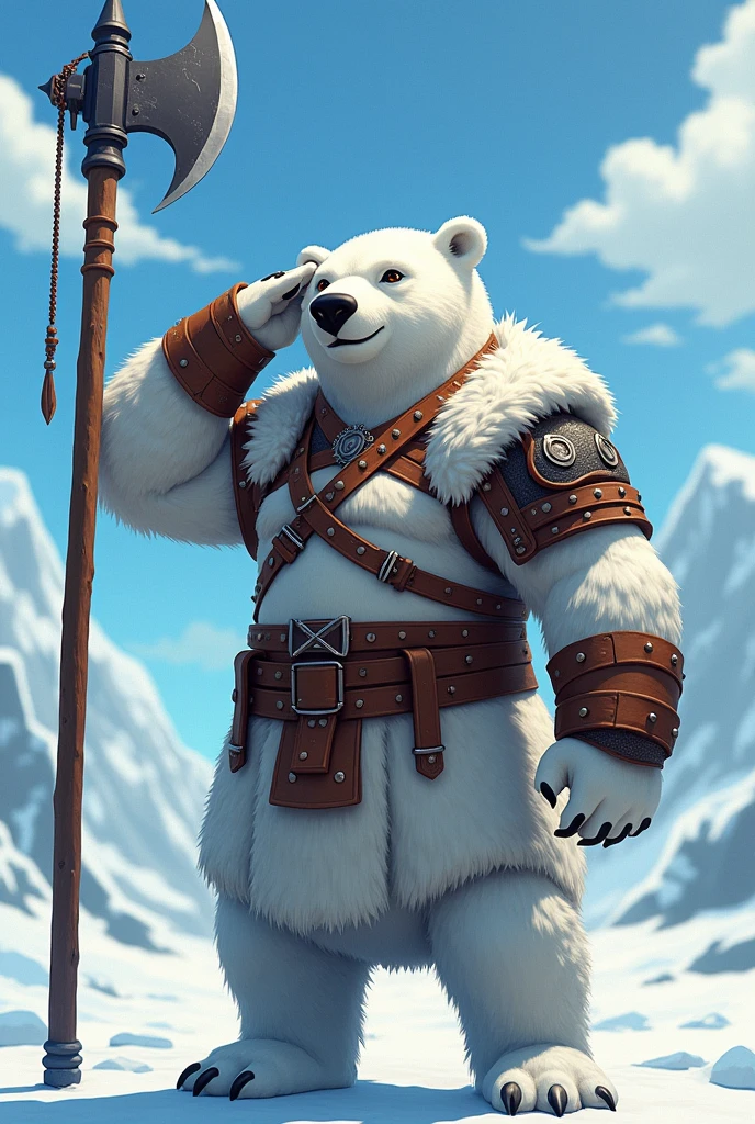 polar bear humanoid warrior with holding a battle ax wearing leather armor that covers his body with a glacier background in anime style in battle pose saluting with the ax in both hands