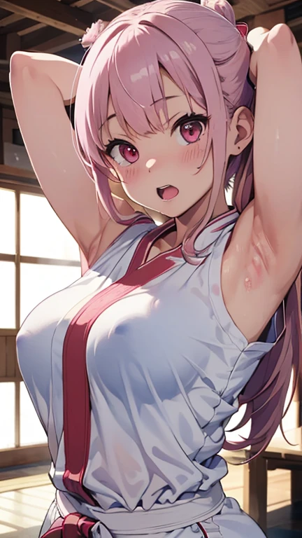 mastute piece,Best Quality,insanely detailed,8k cg,nsfw,
(shoot upper body:1.3),
(1girls:1.3),standing,looking at viewr,body in front,(arms behind back:1.4),(karate uniform:1.4,doges:1.4),karate、BREAK,
blush,shy,(ecstasy face),(trembling:1.2),BREAK,(light pink hair:1.3),
BREAK,
perfect breasts,perfect teats,(open mouth:0.9),(large breasts:1.2),
(karate-dojo),karate道場、
