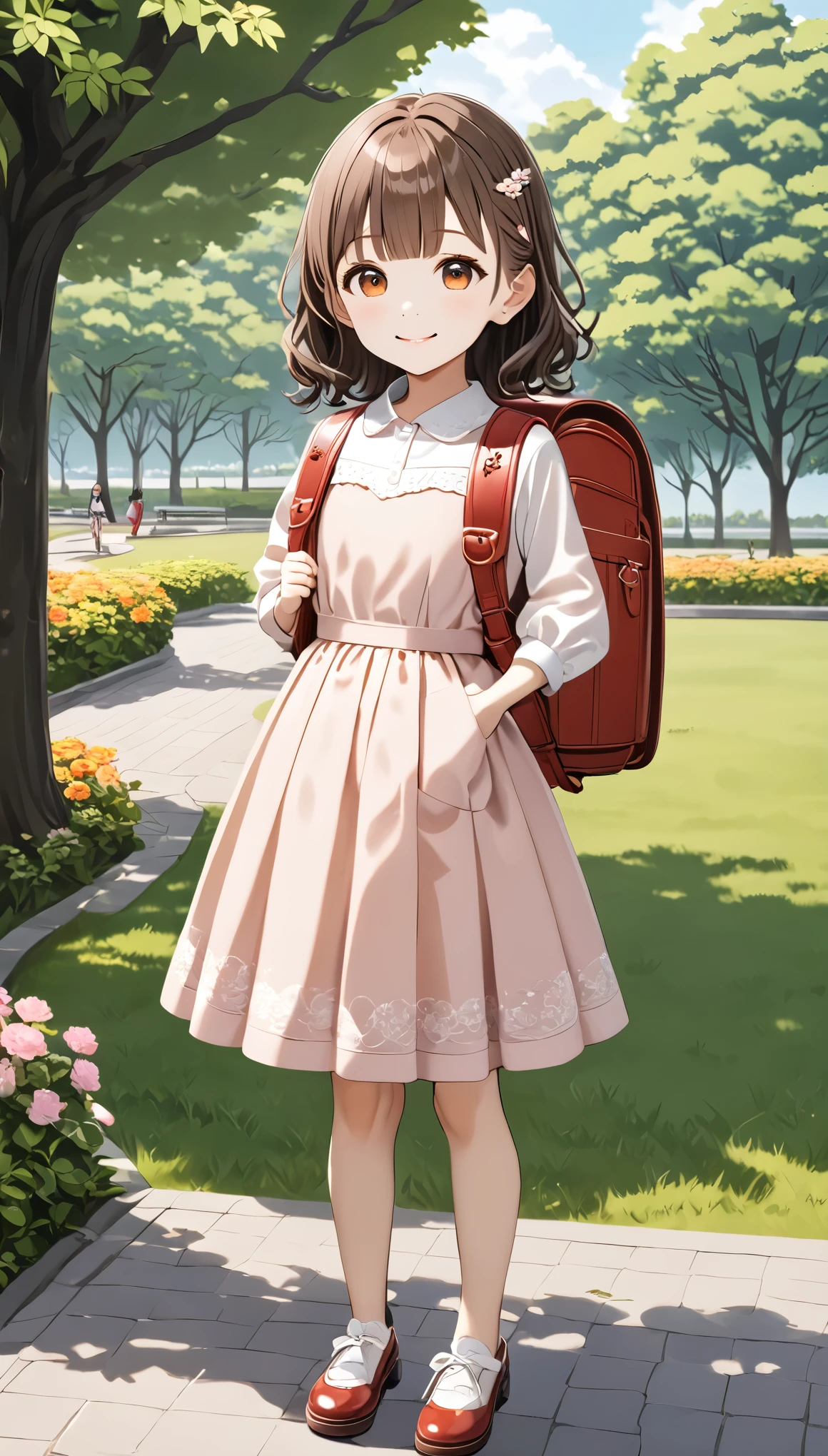 Masterpiece, hd, 1girl, cute girl, 6 y.o girl, ,120 cm body height,  best quality, brown hair, medium hair, hair clip, smile, wearing strapless dress, wearing shoes,fullbody, wearing randoseru backpack, (randoseru backpack:1.2), outdoor, park