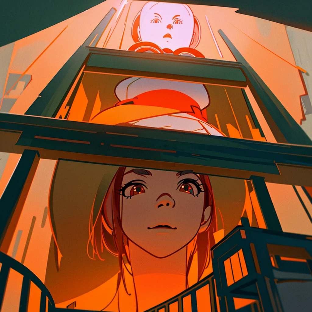 hyperrealistic and very detailed illustration of a prison, middle point of view, very loaded image of objects, point of view from below, cartoony and sexy vibes, red sexy lights (very radiant), day,