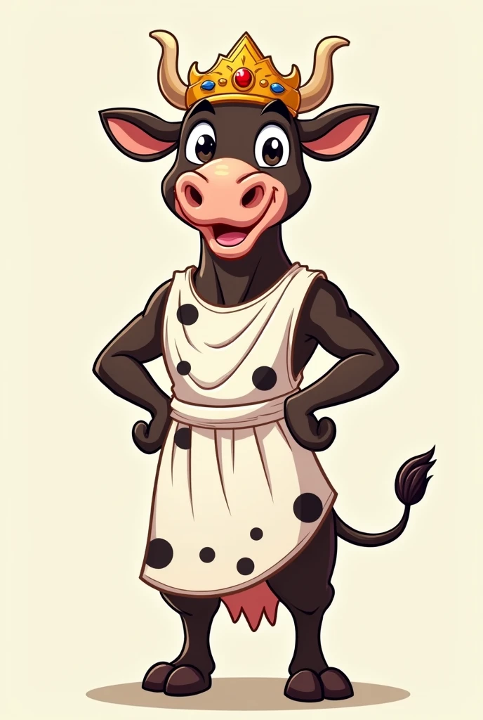 Cartoon of a majestic cow standing on its two hind legs and with its front legs on its hips, winking and flashing a cheerful smile wearing a beautiful Greek crown and dressed in typical Greek clothes in white with black spots