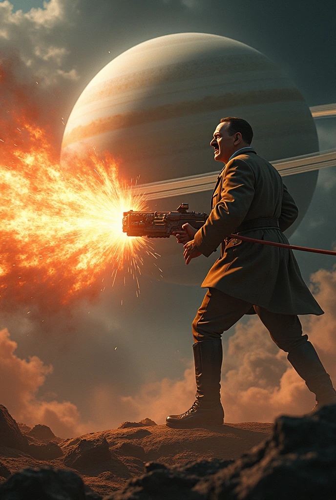Adolf Hitler destroying Saturn with a gun