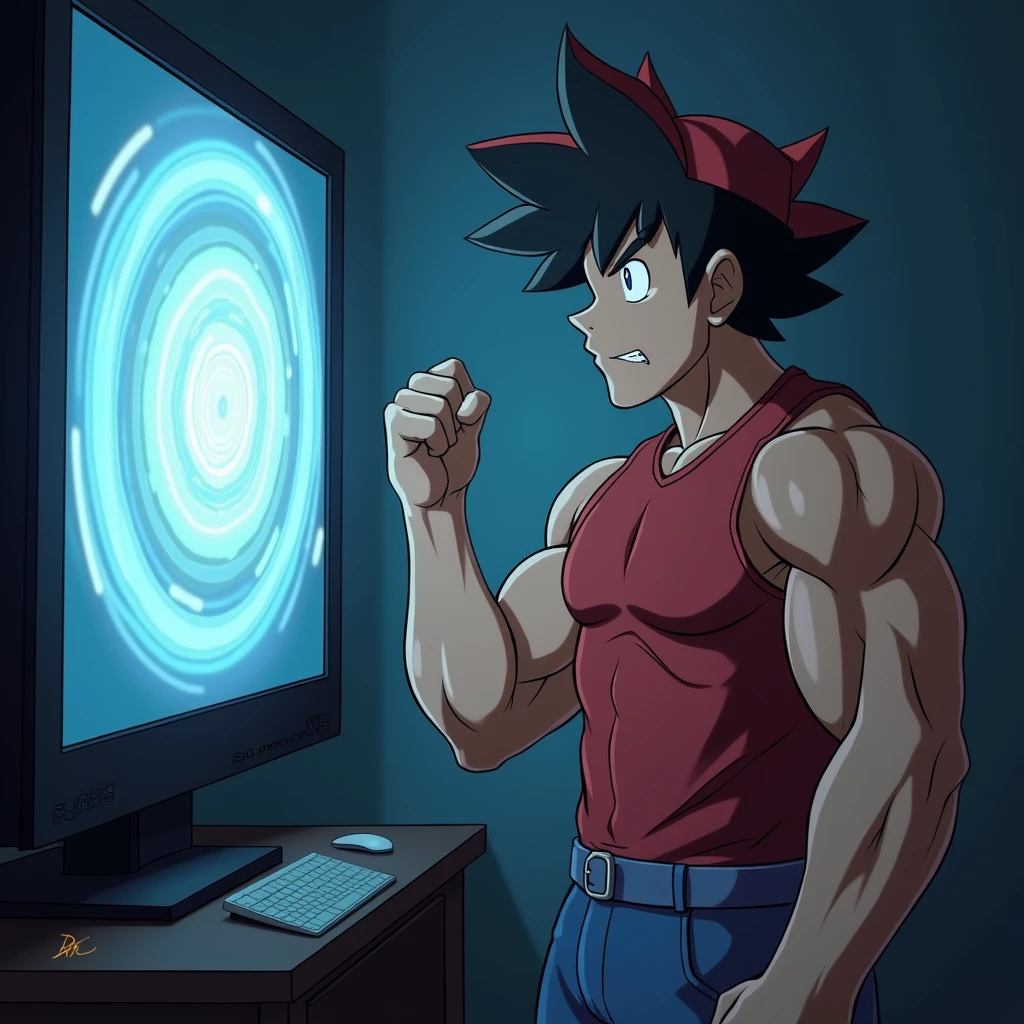 Ash Ketchum as a  up big dumb muscular bodybuilder football jock flexing and staring blankly into a monitor displaying a hypnotic spiral under hypnosis as he repeats, "Bigger... Dumber...." in a deep voice. Hyper muscles. Big biceps. Big triceps. Broad shoulders. Big traps. Big lats. Big meaty pecs. Brainwashing. Hypnosis. Hypnotized. Bro. IQ drain. Hyper swollen crotch bulge. Sweating. Mouth hanging open.