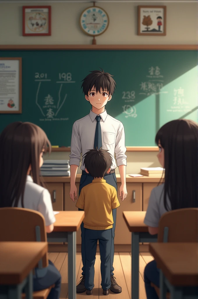 two girls and a boy being lectured by the teacher in the middle of the classroom