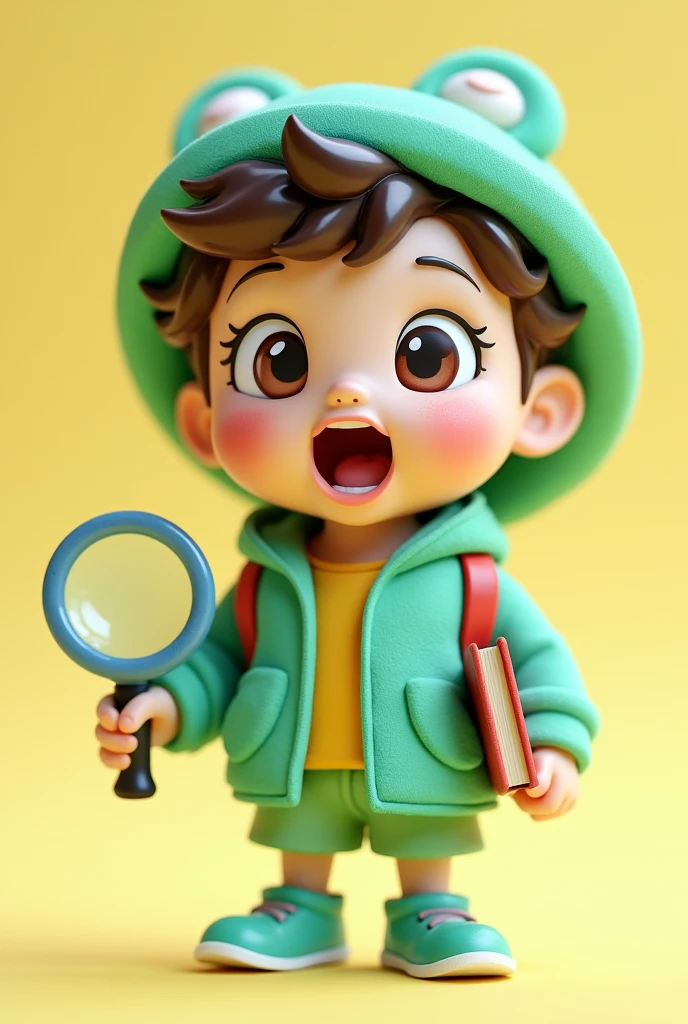 Curiosity 1. **Small Figure**: A small-sized figure to give the feeling that he is beginning to explore the world.
2. **shocked expression**: Wide open eyes and a facial expression that shows surprise and excitement.
3. **upright posture**: A straight posture to convey interest and attention.
4. **colors**: Use a bright green or light blue to give it a fresh and enthusiastic look..
5. **Accessories**: Includes a magnifying glass in one hand and a book in the other to emphasize the inquisitive character.
6 with clothes that are pretty