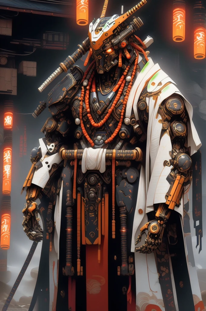 masculine male samurai, strong stature, mechanical body, futuristic kimono, cyberpunk aesthetic, long masculine braided hair, high fantasy environment, feudal Japan, high-tech Zen Garden, futuristic samurai armor, high quality, drawn anime style, perfect anatomy, turning at an angle,