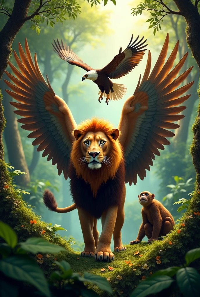 "A realistic, high-definition image for a CD cover featuring a majestic winged lion, a soaring eagle, and a curious monkey, all in a dense, vibrant forest. The lion, with powerful wings outstretched, stands proudly in the foreground. The eagle is hovering nearby in mid-air, its wings fully spread, while the monkey is close by, perched on a branch, observing the scene. The lush green leaves and towering trees create a natural backdrop, framing the animals without compromising the detail of each one. The image captures the textures of the lion, the eagle's feathers, and the monkey's expressive features, all set against the rich foliage of the forest, making it an immersive and dynamic scene."