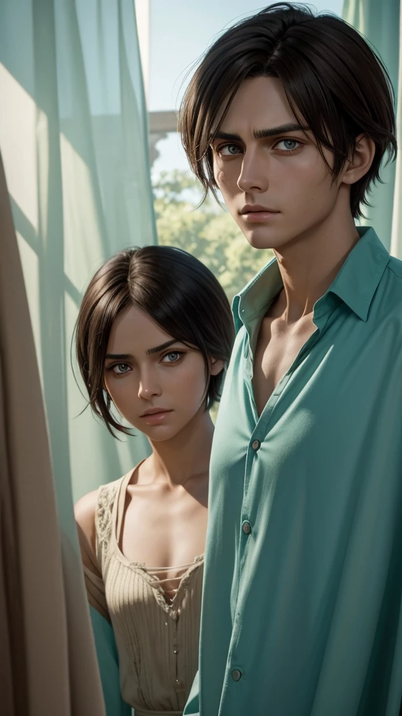 Eren Yeager has a German appearance, with a fairly long face, brown hair, round turquoise eyes. His skin appears slightly yellower than the other characters. Her short hair reached the nape of her neck and was parted in front of her forehead in a kind of curtain.
