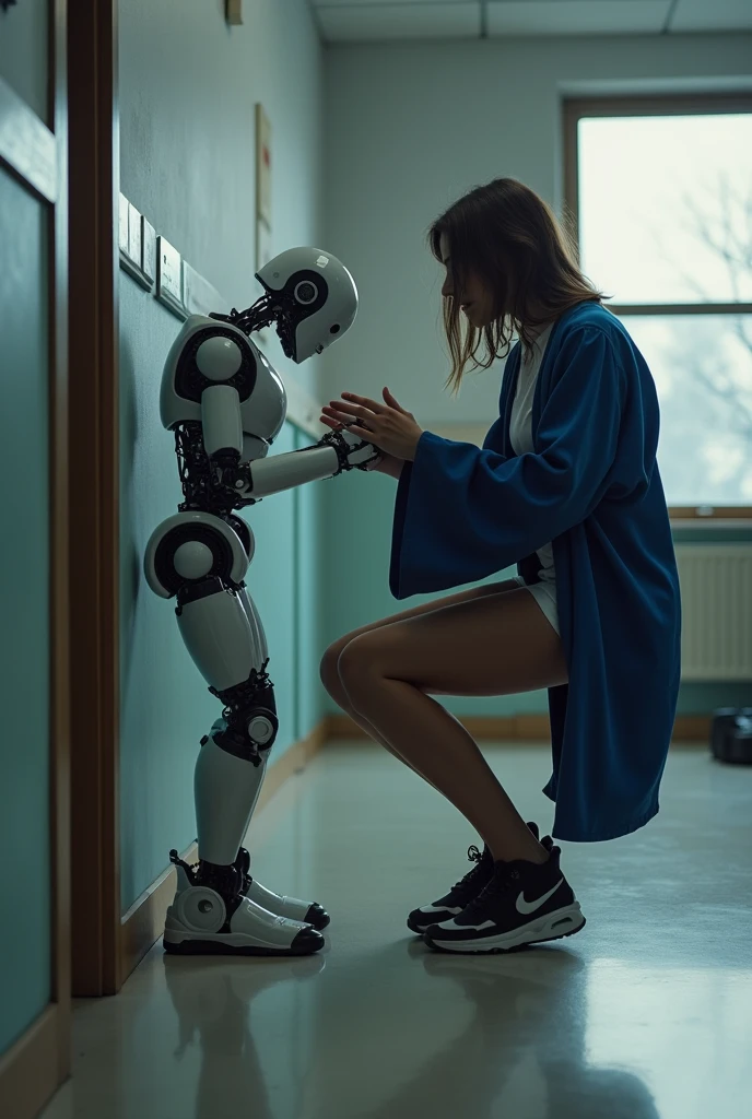 Female graduate hitting her head very hard against the floor because of the blockage that a robot put on her