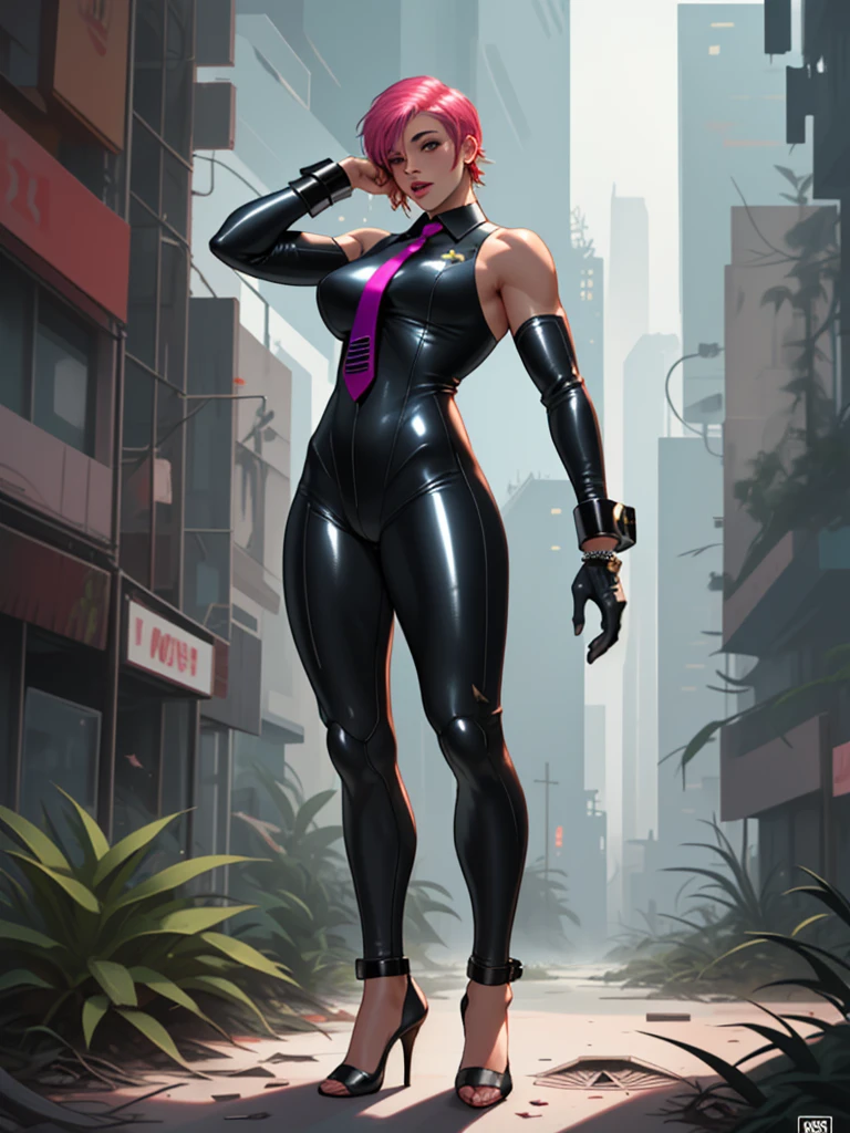 eve (stellar_blade), solo, bodysuit, necktie, abandoned cyberpunk city overgrown with plants, standing, looking at viewer, shiny clothes, skin tight, full body, bare shoulders, lips, green necktie, large breasts, muscular body, wrist cuffs, shiny, sleeveless, high heels, BREAK , zPDXL, score_9, score_8_up, score_7_up, score_6_up, score_5_up, score_4_up