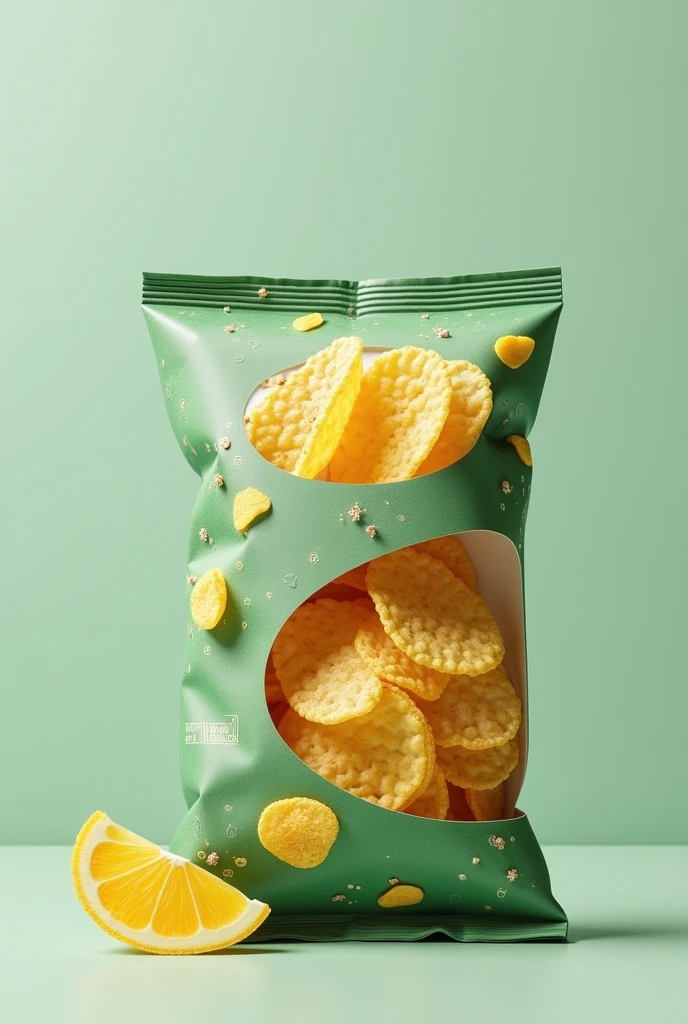 Create innovative and eco-friendly potato chip packaging. Packaging must have a unique and creative shape, that stands out in the market. Think of a design that doesn't just protect the chips, but also optimize space in transport. Consider shapes that can be stacked or nested efficiently, as a modular system or a foldable packaging. Color and aesthetics must convey a message of sustainability, using natural elements or nature-inspired patterns. Also include details such as the possibility of planting after use., representing a connection with the environment.