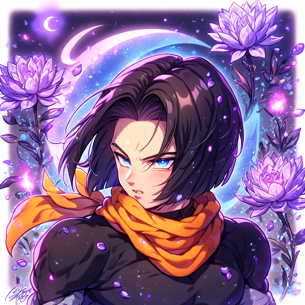 absurdres, highres, ultra detailed, HDR, master piece, Android 17, black hair, expressive blue eyes, orange scarf, black shirt, black gloves, Dragon Ball Super, sexy man, handsome, best quality, purple glittering crescent moon, purple flowers, fantasy, magical, solo, water, purple shining fireflies, purple petals, sensual, close up, purple fire,