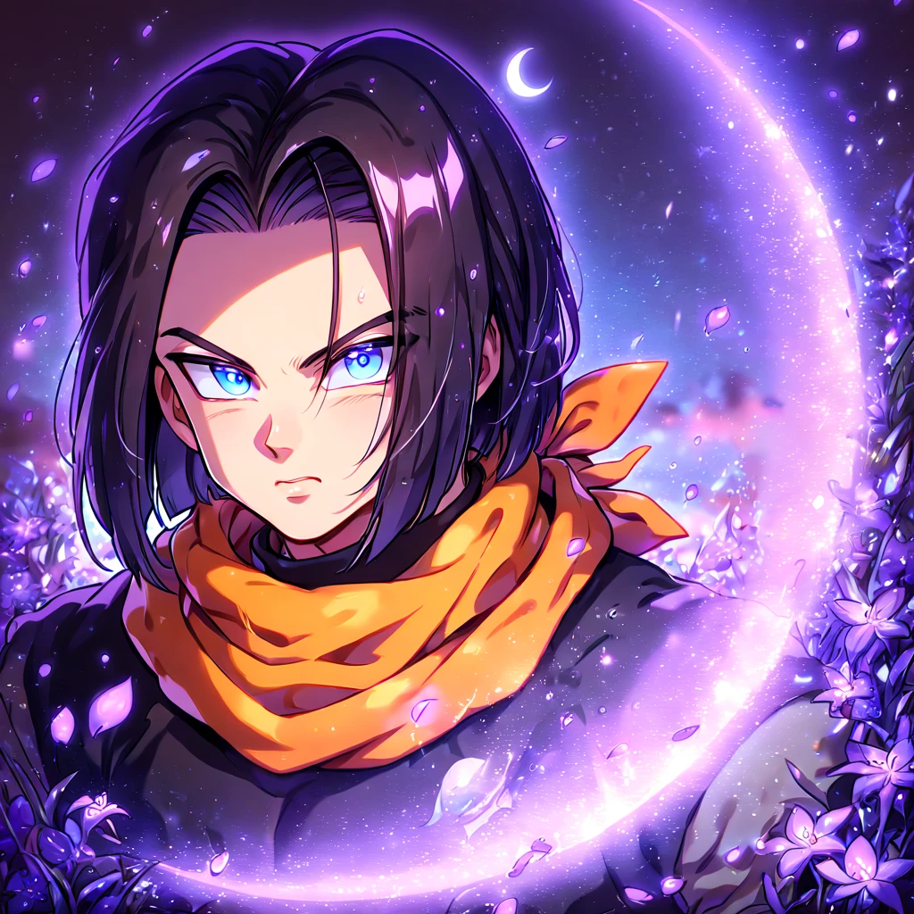 absurdres, highres, ultra detailed, HDR, master piece, Android 17, black hair, expressive blue eyes, orange scarf, black shirt, black gloves, Dragon Ball Super, sexy man, handsome, best quality, purple glittering crescent moon, purple flowers, fantasy, magical, solo, water, purple shining fireflies, purple petals, sensual, close up, purple fire,