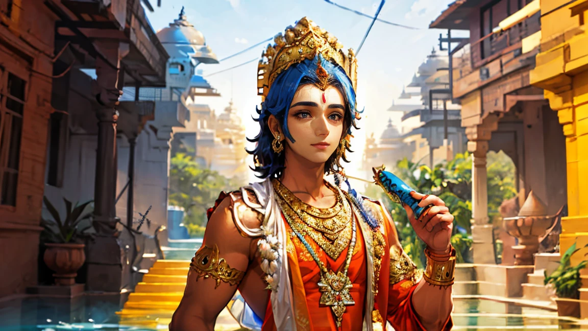 Lord Krishna in Vrindavan, handsome male with flute in his hand, blue skin tone