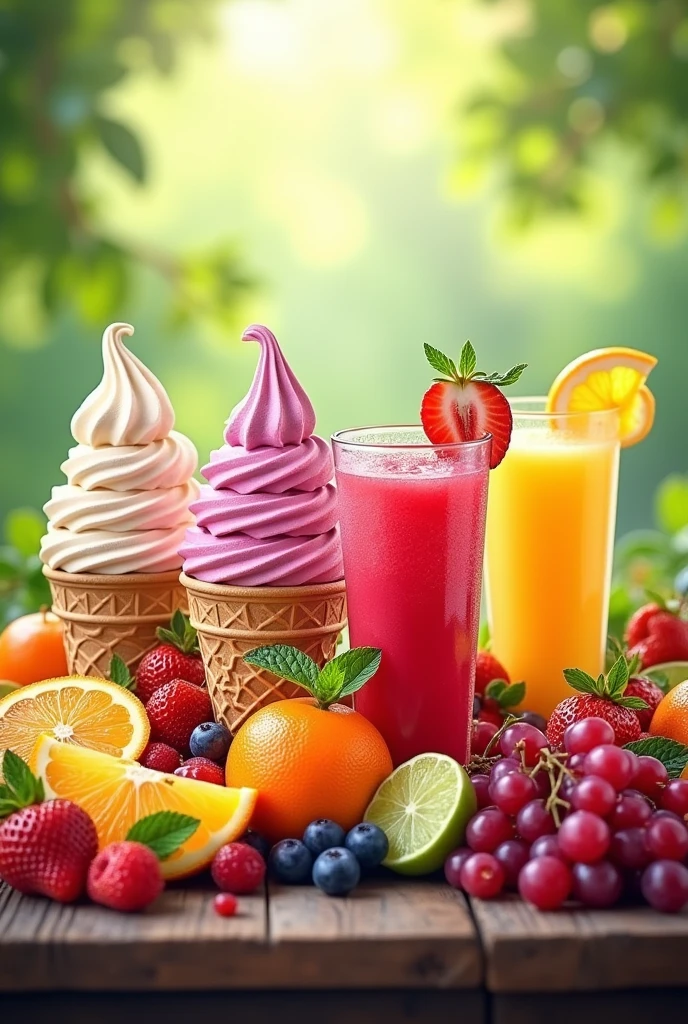 Ice cream and juices and colorful fruits