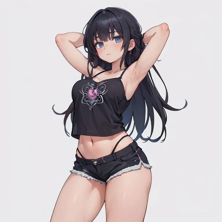 Anime Kawaii sexy Perfect Slim sensual body large breast and huge thighs, An intricate and highly detailed illustration of anime (Young girl) (Extremely detailed CG 8k unity wallpaper), (work of art), (best qualityer), (ultra detali), (best illustration), (best shade), (absurderes), 1 girl, standing alone, Chihara, 1 girl, standing alone, Bblack hair, Shorts, long hair, looking ahead at viewer, black Shorts, arms behind the head, contrasted, spread armpit, camisole, Eyes red, breastsout, aretes, short Shorts, cowboy shot