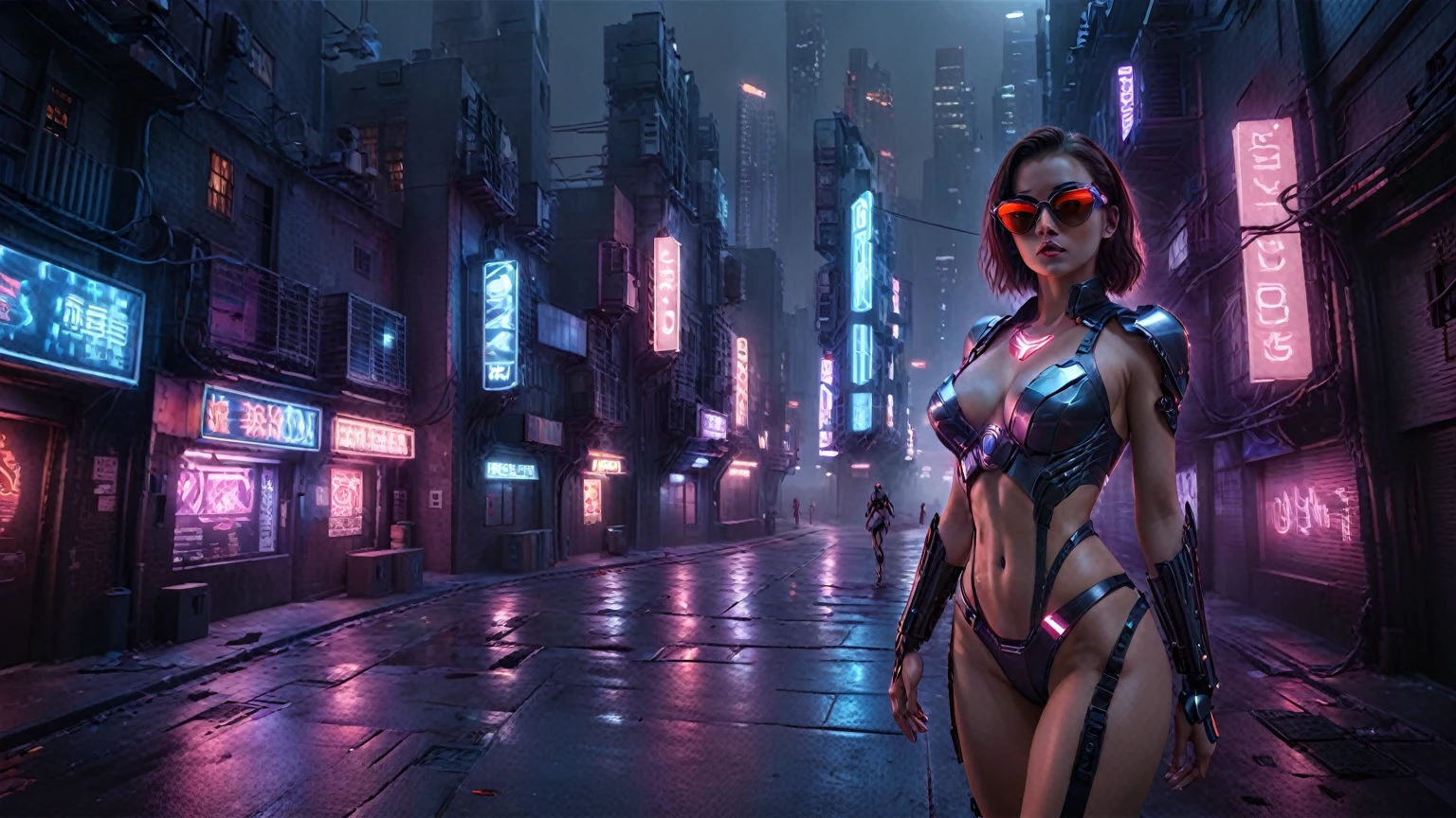 (Aerial view). There's a cyborg woman (8k) wearing a futuristic leotard (best quality), a cyberpunk city alley at night, cruising robotic owl, darksynth aesthetic, red neons, haze, foggy night, ultra detailed, photorealistic, (1girl, solo, alone), large-breast:1.2 slim body, cleavage:1.1, (black sunglasses), (holding a pistol), dynamic pose, half-body thigh level medium shot, cinematic lighting, ray tracing.