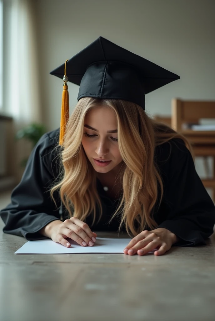 Female graduate hitting her head very hard against the floor 
