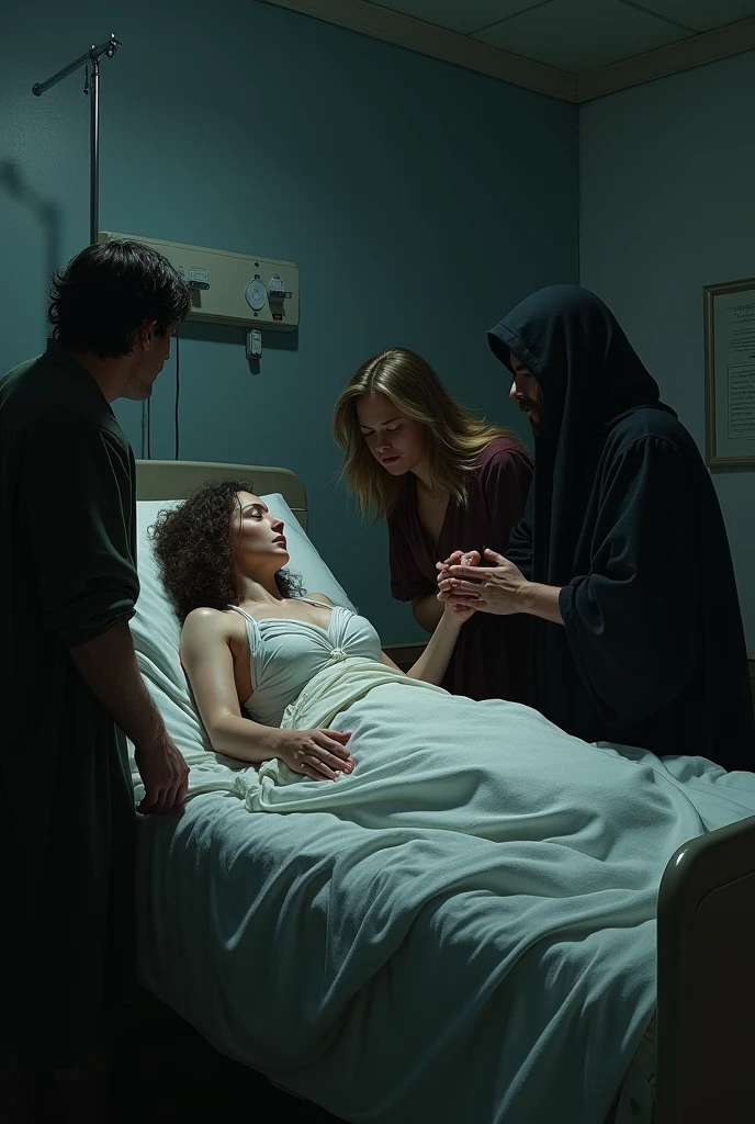 Create a photo of a woman lying on a hospital gurney looking at her family as they cry a lot holding her hand, add a man in black clothes whose face you can&#39;t see coming out of the shadows in the corner of the hospital room
