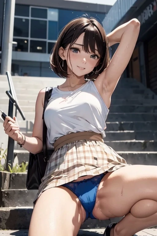 Sleeveless,Sweaty,A perfect smile,Browsing Caution,(Highest quality, 8k, masterpiece:1.3,beautiful girl), (masterpiece:1.3, Highest quality, Ultra-high resolution, Very detailed), (Perfect Anatomy, Anatomically correct, Very detailedな肌), Cute and symmetrical face, Perfect Face, Perfect Eyes, Perfect Fingers, Five Fingers,Smartphone in one hand, ((Hairstyle,Inner Color,brown,Bobcut))((White tube top,Brown Check Skirt)),Earrings,Street Corner,((Shoulder bag,Wear diagonally)),Go down the stairs,Angle from below,Dripping sweat,((Blue string panties)),Spread your legs,Wet Panties,((Masturbation)),Vulgarity,Spread your legs,Ecstasy face,sweating,Attractive face,My crotch is wet