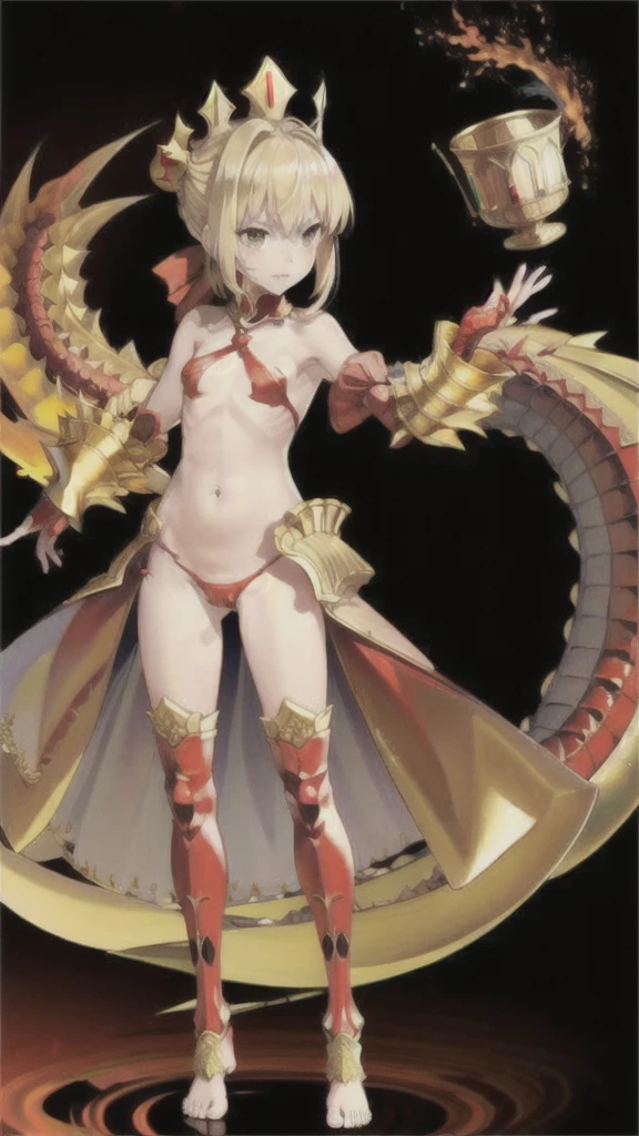 Blonde flat chest,crown,red scales,Red Dragon Tail,armor,thong,Thin legs,barefoot,Standing,rosarium