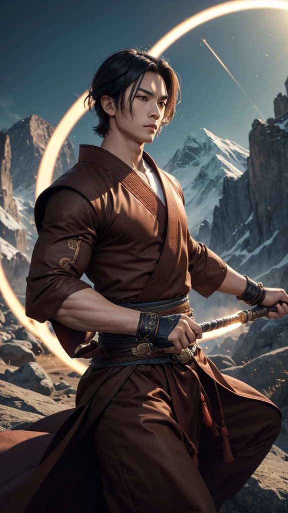 Best Quality, Masterpiece, Ultra High Resolution, (Realistic: 1.4), Xiuxian, Weapon, Detailed Face, .1 Boy, Solo, Weapon, , (Magic Circle: 1.2), Xiuxian, Upper Body, Sheath, (Absurd, High Resolution, Ultra Detailed), Asian, 1 male, eighteen-year-old boy, handsome, tall muscular man, broad shoulders, very short hair, bottom cut, dark brown eyes, fine eyes and detailed face, extremely detailed CG Unity 8k wallpaper, intricate details, (Style Swirl Magic: 0.7), Looking at the Audience, Solo, (Full Body: 0.8), Detailed Background, Detailed Face, Hair Fluttering in the Wind, Martial Artist, Dynamic Pose, Fighting Pose, Clenched Fist, Fingerless Gauntlet, Wristband, Dragon Themed Costume, Monk Robe, Alpine Mountain Background, Rotating Floating Particles, Dynamic Composition, , Hanfu, Stone, Stone Background, Stone Chinese Sculpture, Sand Flowing, Big Muscles