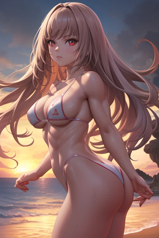 masterpiece,best quality,high resolution,8k,ultra HD,wallpaper,illustration,perfect face,cowboy shot,beautiful detailed eyes,extremely detailed face,perfect lighting,extremely detailed CG,perfect hands,perfect anatomy,perfect body,perfect hands,perfect fingers,1woman,full body,,(muscle fighter:1.1),pink blonde long hair ,red eyes,large breasts,Medium ass,medium nipples,white micro bikini,,clothed,,collarbone,,looking at viewer,sexy look pose,Steam,sweat,sea,(NIKKE character Rapi),