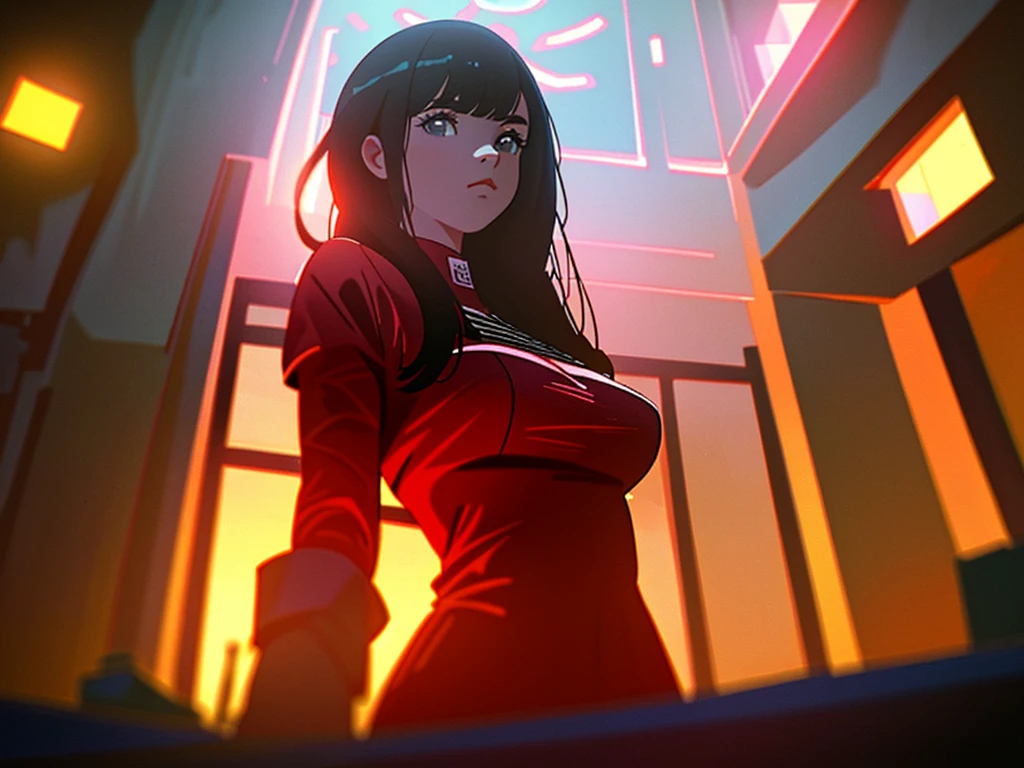 hyperrealistic and very detailed illustration of a prison, middle point of view, very loaded image of objects, point of view from below, cartoony and sexy vibes, red sexy lights (very radiant), day,