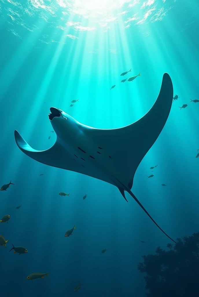 Manta ray in the turquoise blue ocean 
